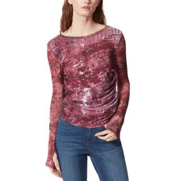 Frayed Printed Ruched Flora Thumbhole Top In Winetasting Marble Animal - Picture 1 of 3